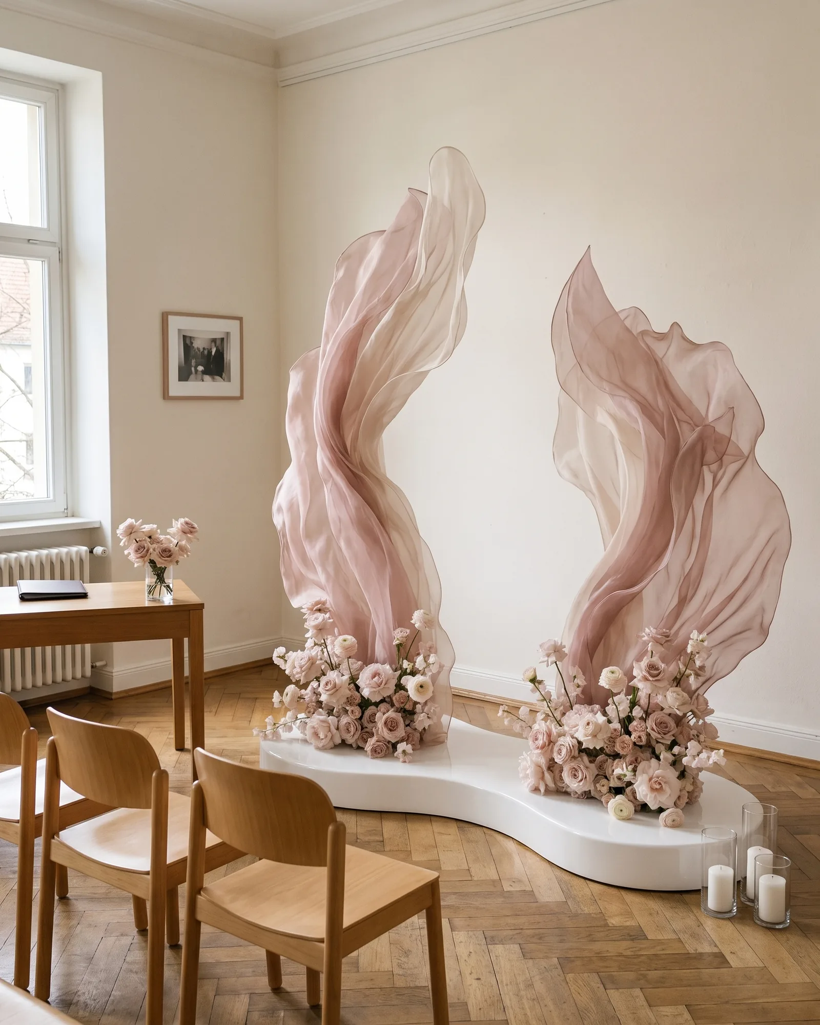 Organza-Wellen in Rosa auf weißem Hochglanz-Podest in einem hellen Trauzimmer