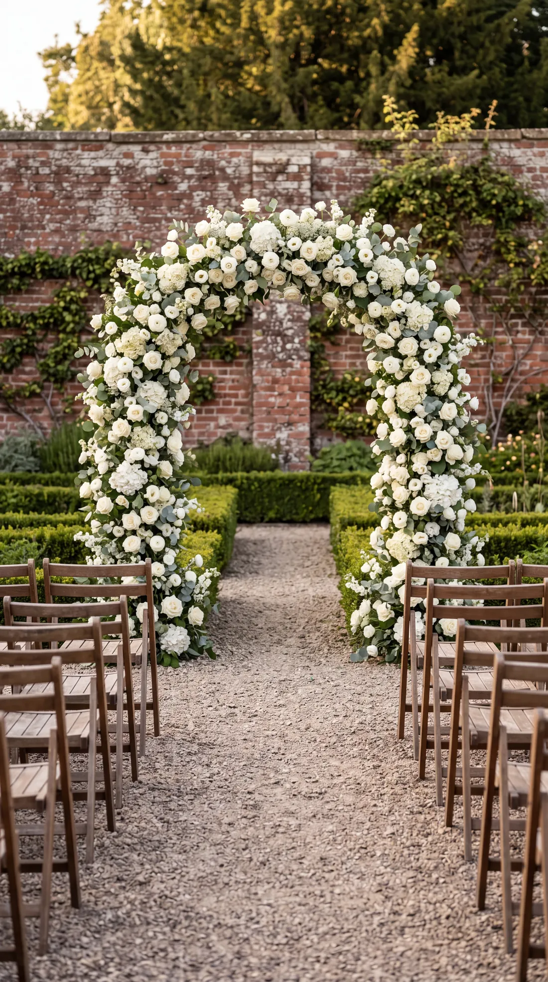 Torbogen mit geraden Schenkeln, dicht mit weißen Rosen und Hortensien besetzt
