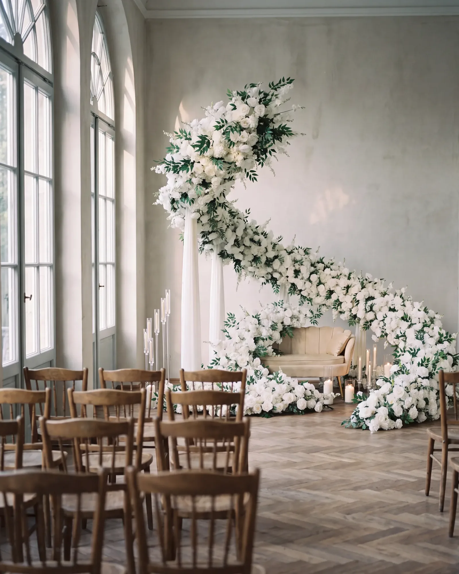 Blumenbogen in einer Orangerie, Stuhlreihen für die Trauung
